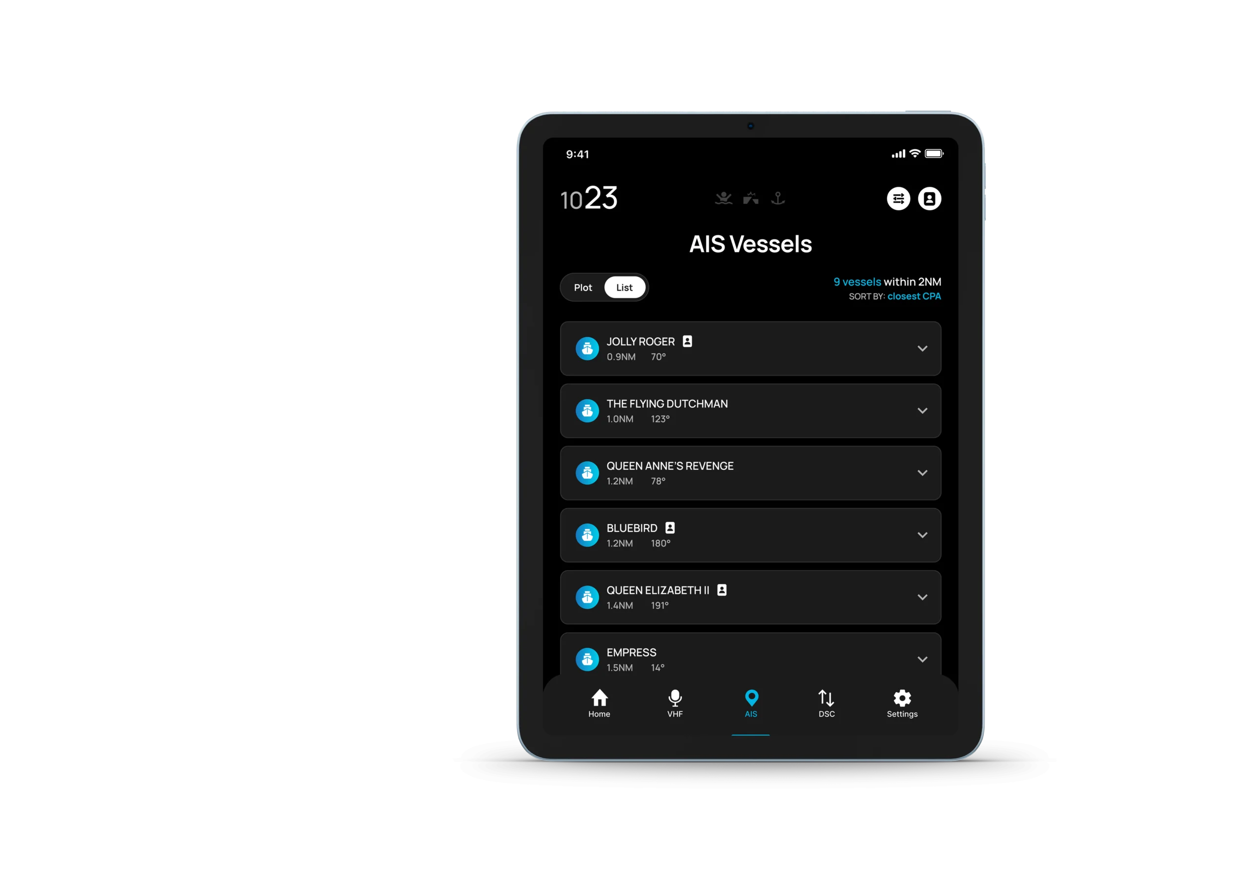 Liste AIS sur tablette avec Em-Trak X100