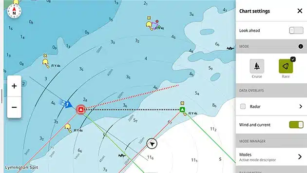 Mode régate Zeus S avec affichage des données de course