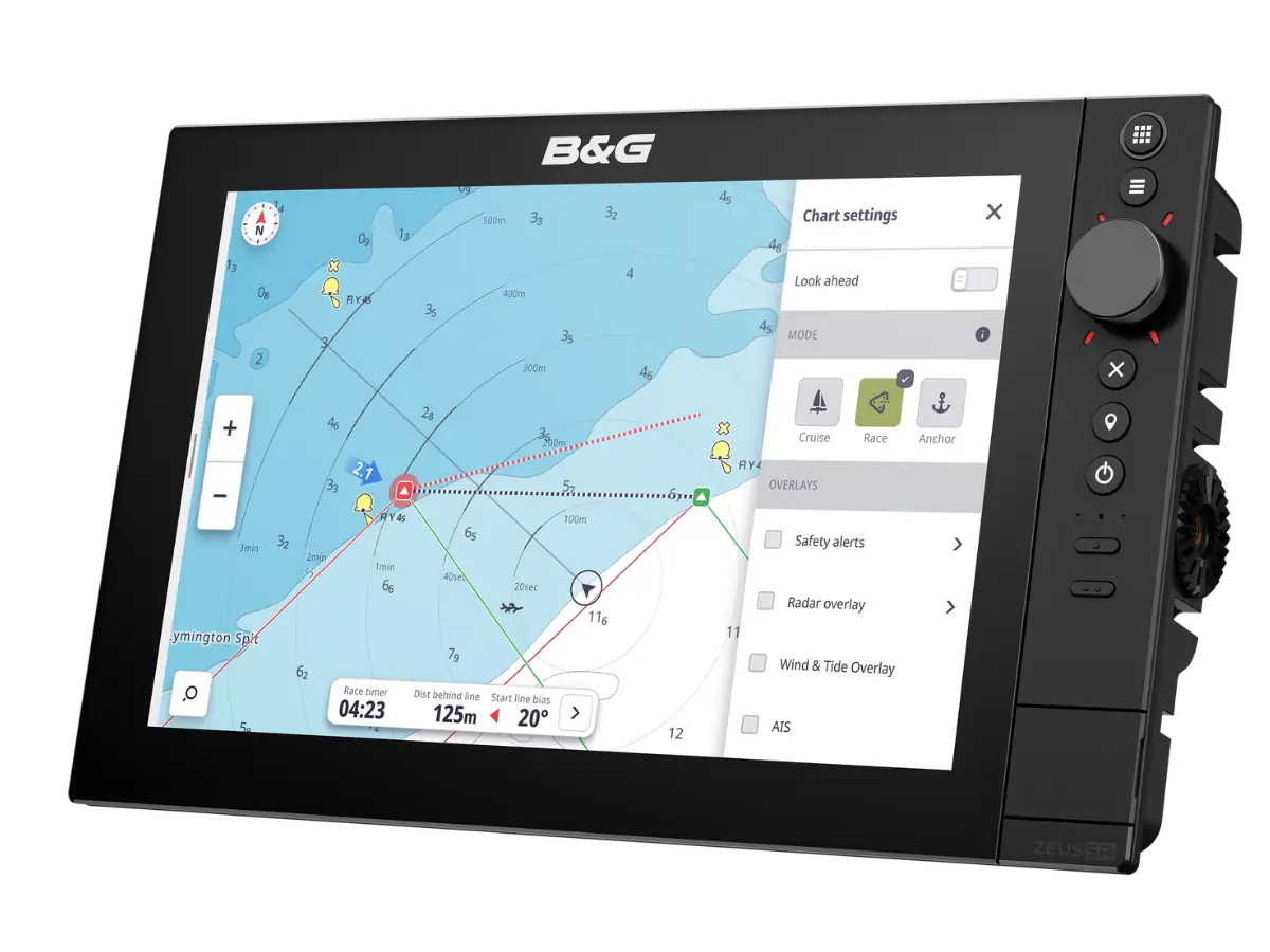Traceur de cartes B&G Zeus S 12 affiché en vue inclinée avec interface de navigation